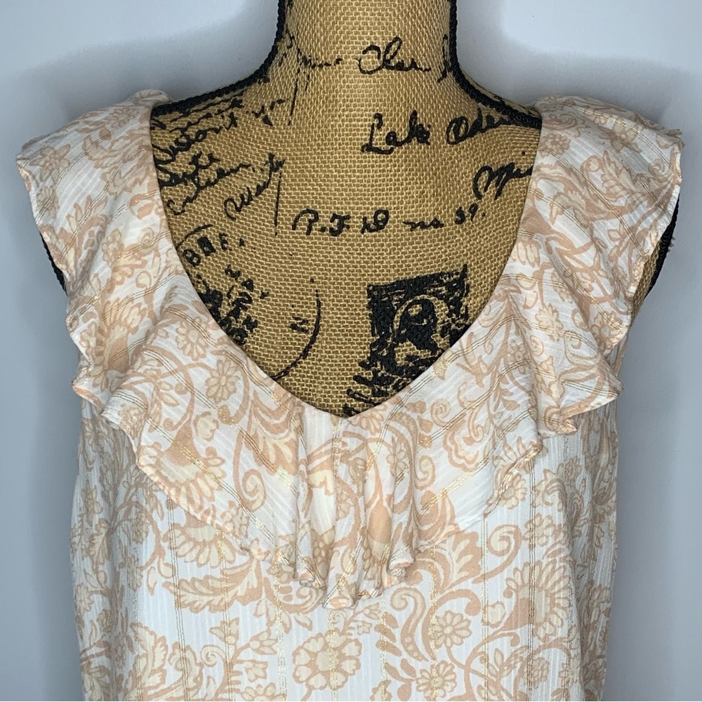 LOFT Shimmer Ruffle Sleeveless V-Neck Lined Shell with Tan Paisley Print - Picture 2 of 11